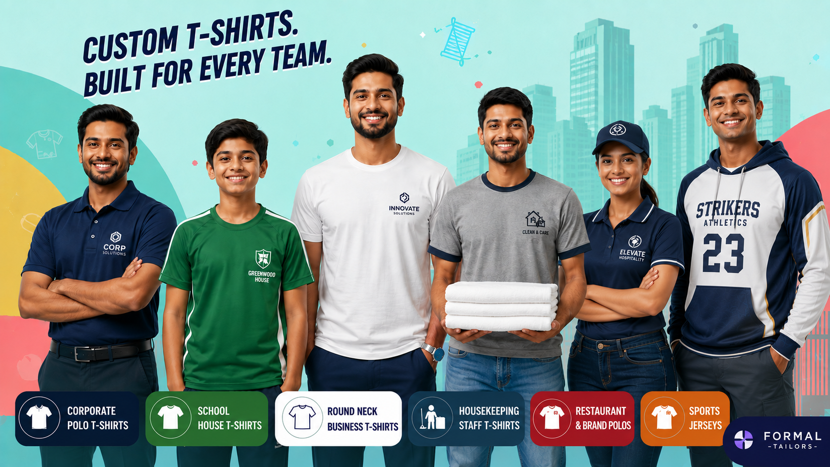 Custom T-Shirt Manufacturer in Bangalore for Corporates, Schools & Businesses | Formal Tailors Custom T-shirt manufacturer in Bangalore offering corporate polo, school house, business, housekeeping, restaurant and sports T-shirts.
