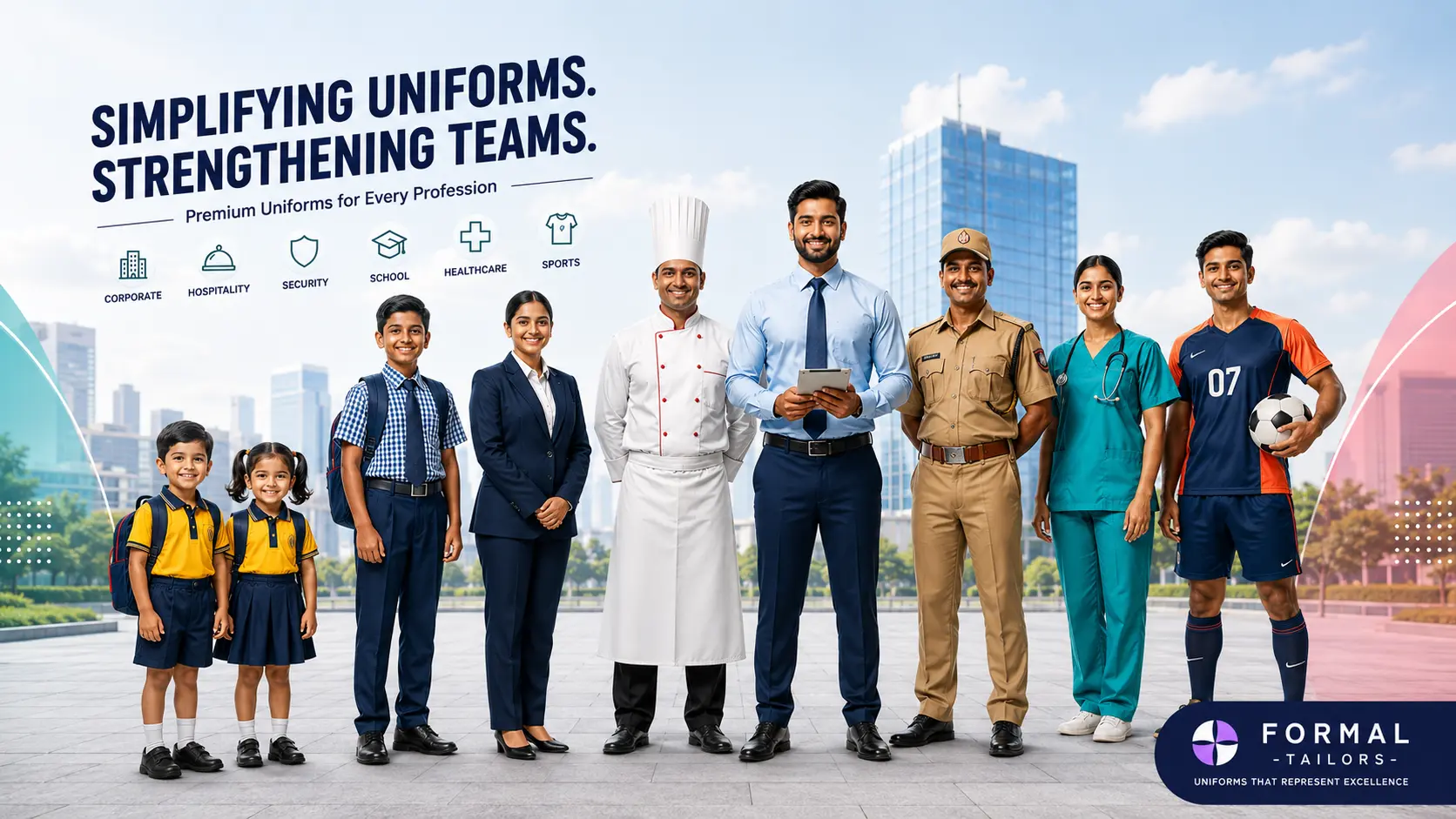 Formal Tailors premium custom uniform manufacturer in Bangalore showcasing corporate uniforms, school uniforms, preschool uniforms, chef uniforms, security uniforms, medical scrubs, sports jerseys and hospitality uniforms for businesses, schools, hospitals and institutions across Karnataka and India.