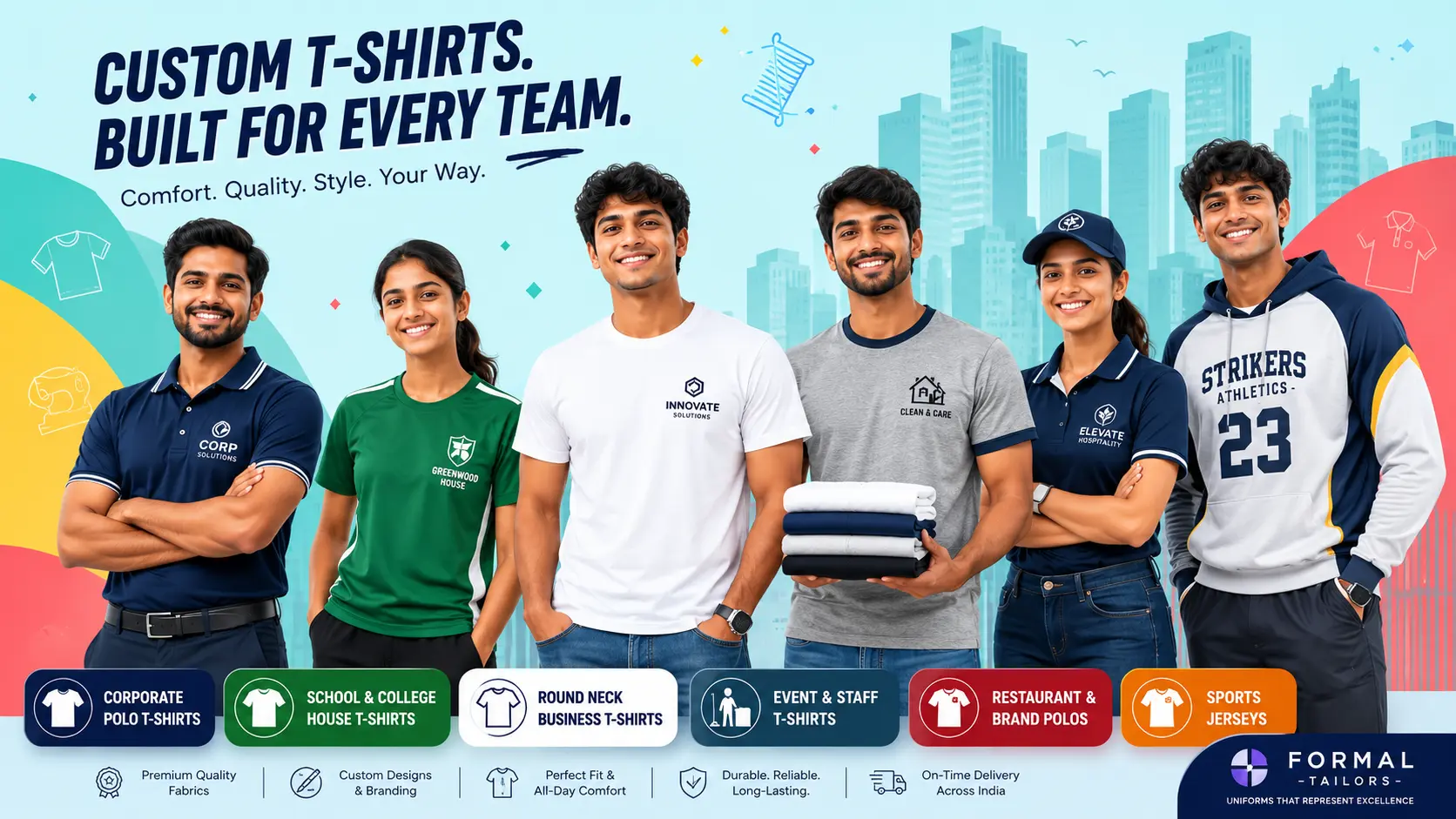 Indian professionals and students wearing custom corporate polo T-shirts, school house T-shirts, business round neck T-shirts, promotional polos and sports jerseys by Formal Tailors.