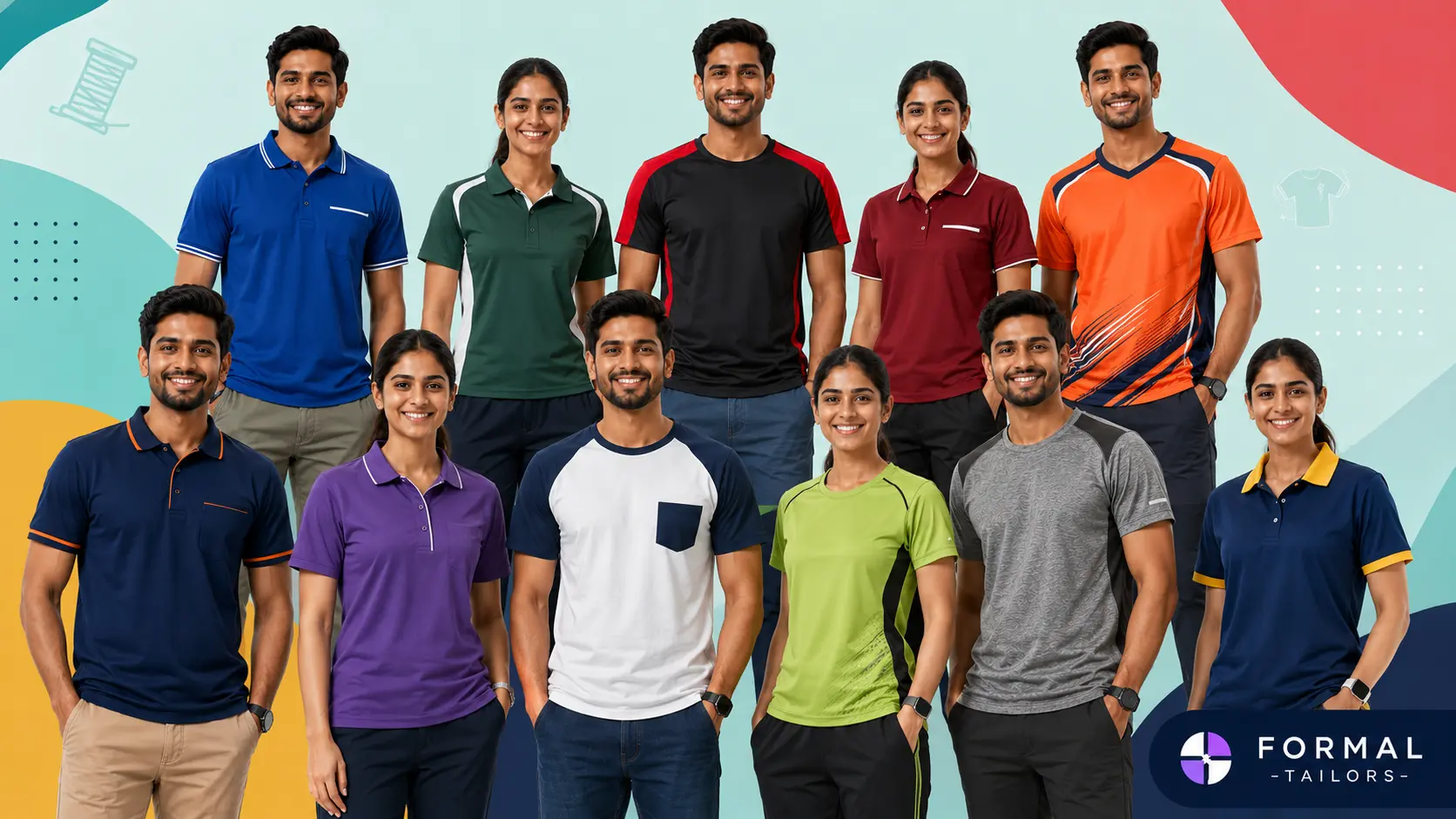 Collection of custom uniform T-shirt styles including corporate polo shirts, performance T-shirts, round neck T-shirts, school house T-shirts and sports jerseys by Formal Tailors.