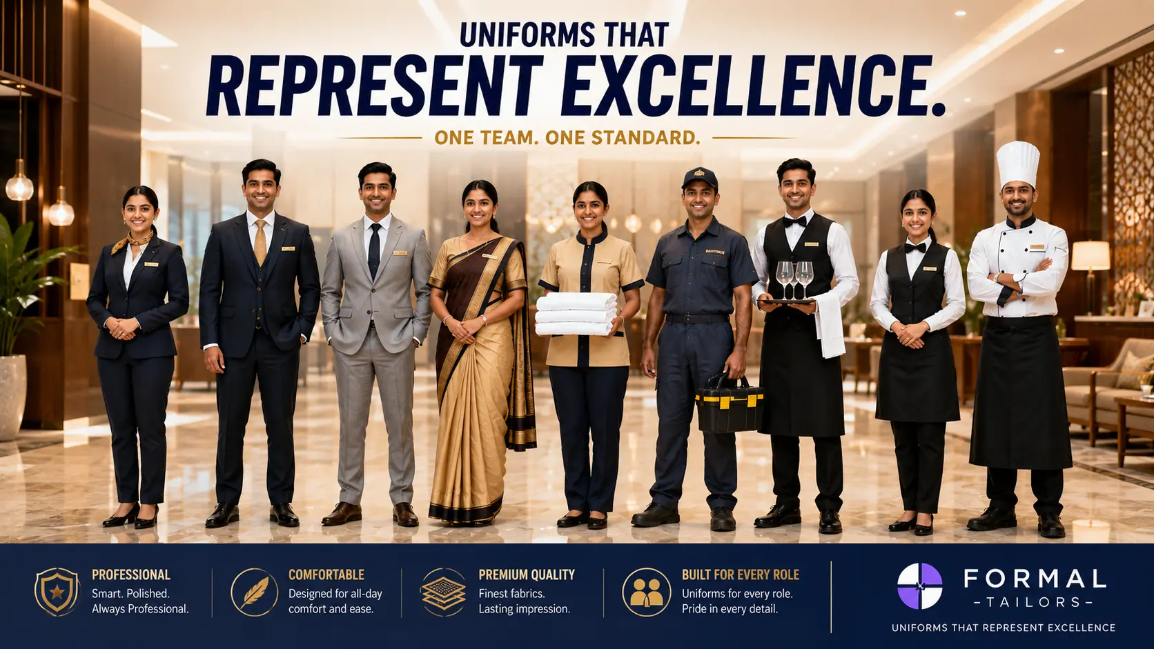 Indian hospitality professionals wearing premium hotel uniforms including front desk, general manager, housekeeping, maintenance, restaurant staff, chef and saree uniforms by Formal Tailors.