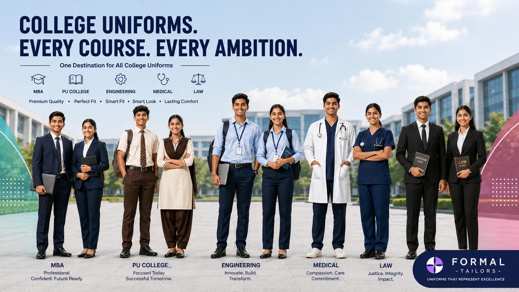 Indian MBA, PU, Engineering, Medical and Law students wearing premium college uniforms designed and manufactured by Formal Tailors in Bangalore.