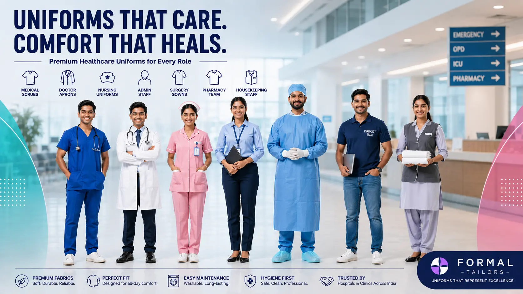 Indian healthcare professionals wearing premium medical scrubs, doctor aprons, nursing uniforms, admin staff, pharmacy, housekeeping and surgery gowns by Formal Tailors.