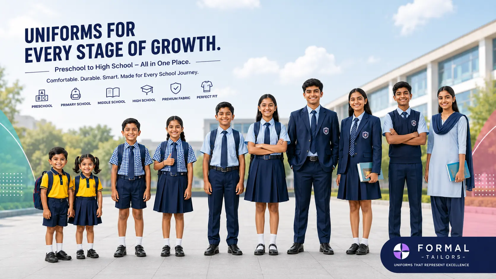 premium-school-uniform-manufacturer-bangalore-formal-tailors Indian students wearing preschool, primary, middle and high school uniforms designed and manufactured by Formal Tailors in Bangalore.