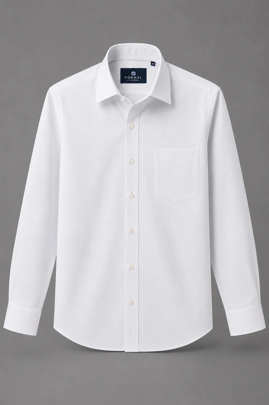 Formal Shirt for Corporate Uniforms _ FormalTailors White formal shirt with long sleeves, spread collar, chest pocket and tailored finish on a light gray studio background