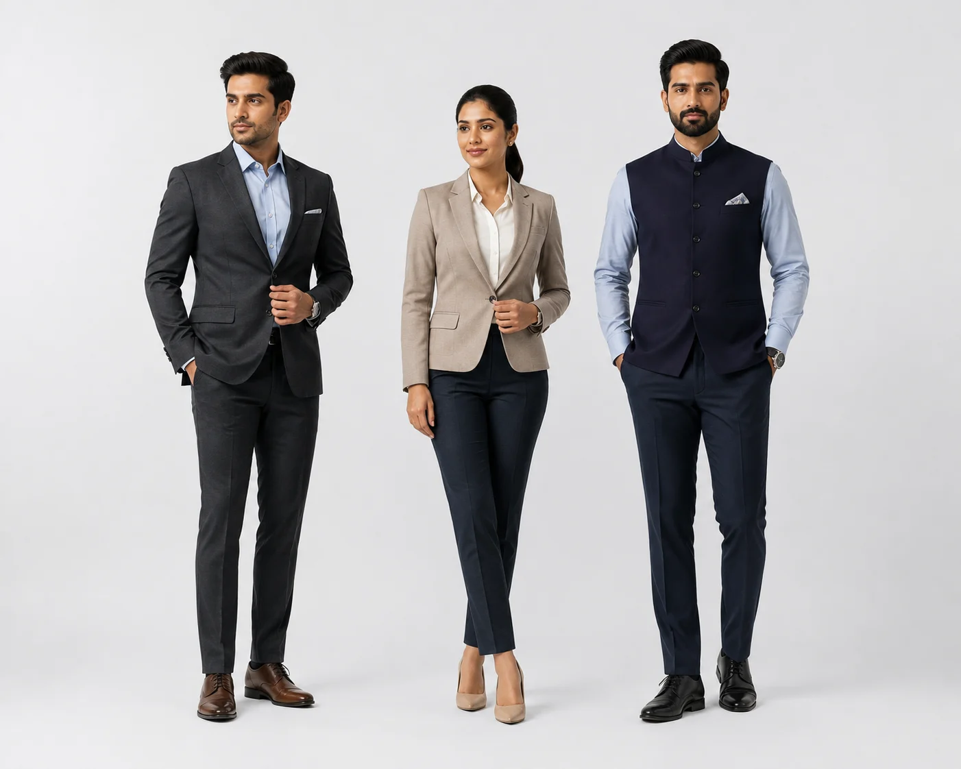 Management & Directors Uniforms for Corporate Teams | Formal Tailors Management and directors wearing premium corporate uniforms including suits, blazer and waistcoat