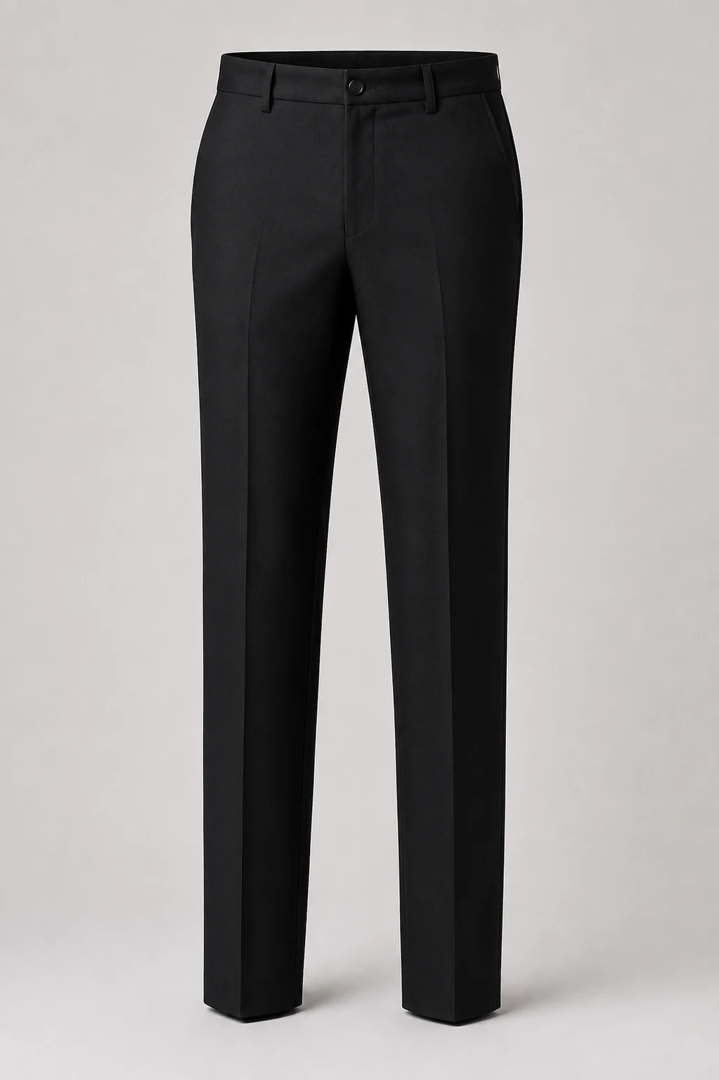 Men’s Formal Trousers _ Classic Fit _ Formal Tailors Black formal trousers with a regular fit, belt loops and button closure, shown on a light gray background.