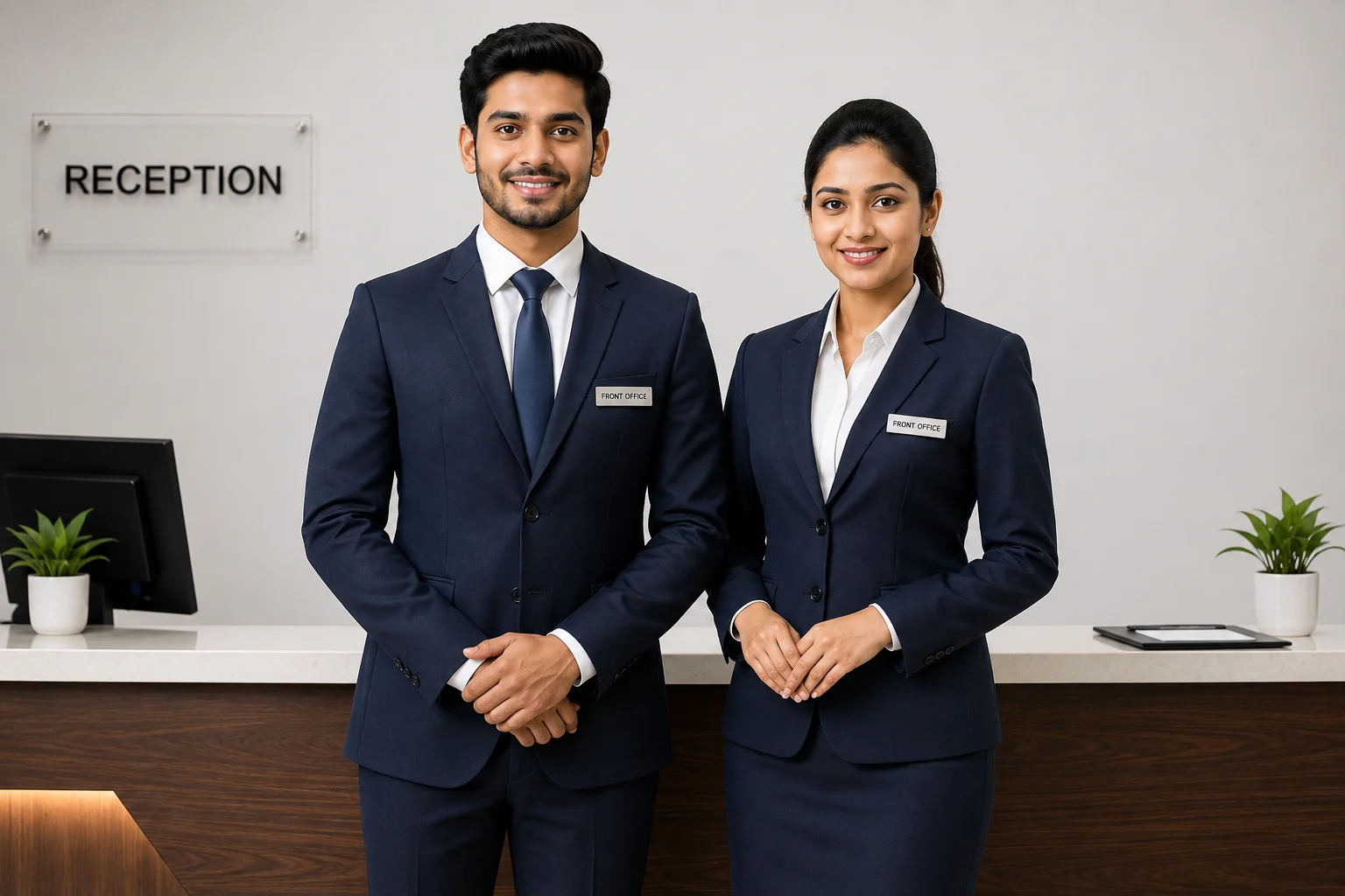 Reception & Front Office Uniforms for Corporate Staff _ Formal Tailors Male and female reception staff wearing navy blue corporate front office uniforms