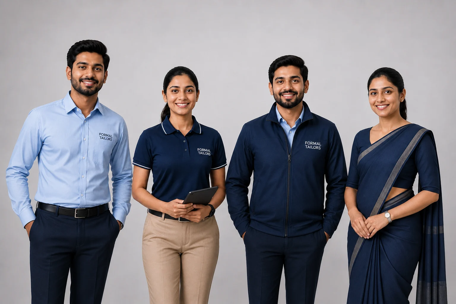 Sales & Field Team Uniforms _ Corporate Staff Uniforms _ Formal Tailors Sales and field team wearing corporate uniforms with shirts, polo, jacket and saree