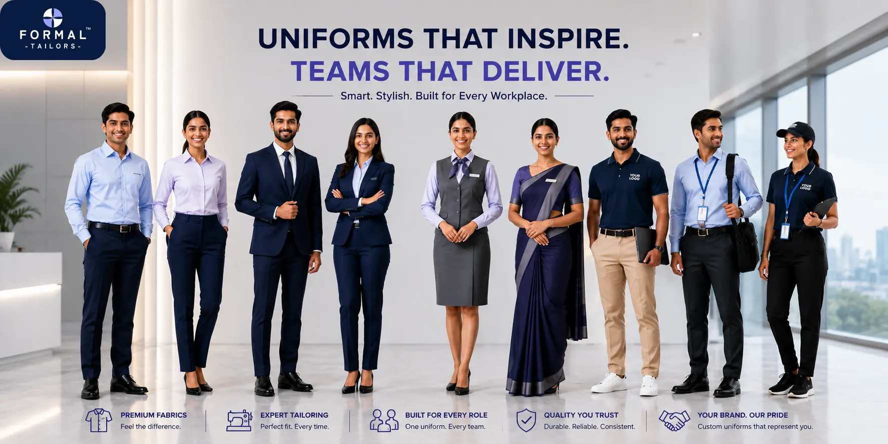 corporate-uniform-supplier-bangalore-formal-tailors Corporate uniform team wearing formal shirts, trousers, business suits, reception uniforms, saree and polo shirts in a modern office