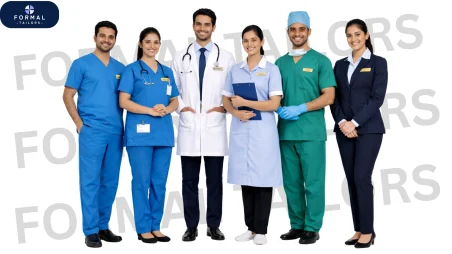 Professional medical staff wearing hospital uniforms and scrubs manufactured in Bangalore.