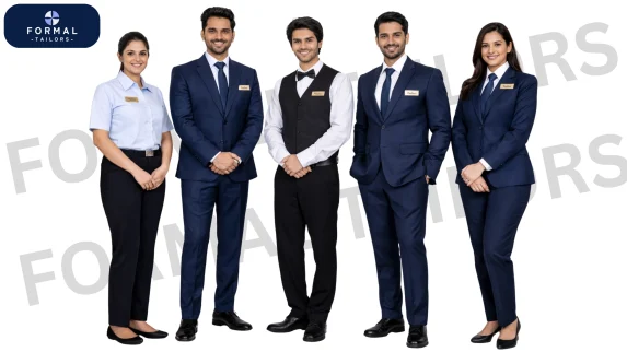 Premium hotel management uniforms and front office blazers supplied by Formal Tailors Bangalore.